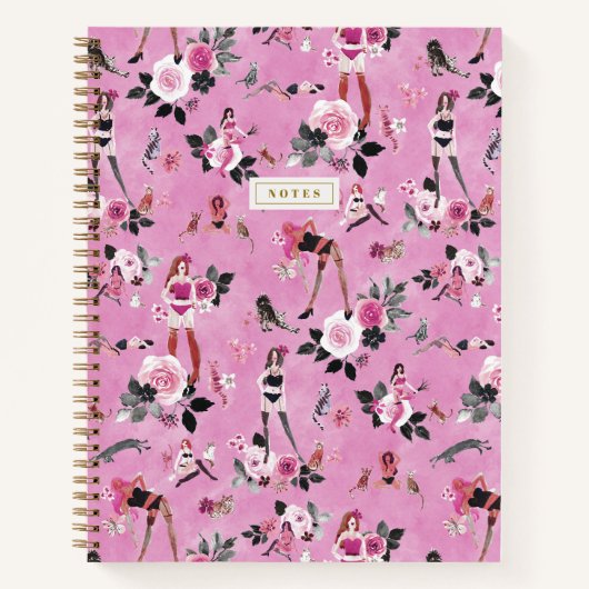 Carnet DAME CHAT FLORAL Rose Chaud (Devant)