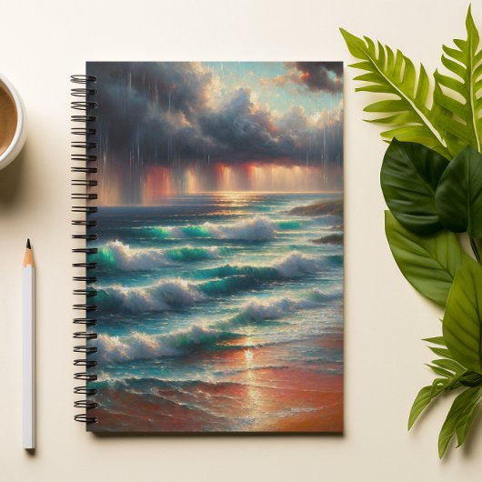 Carnet d'art de vagues océaniques au coucher de so