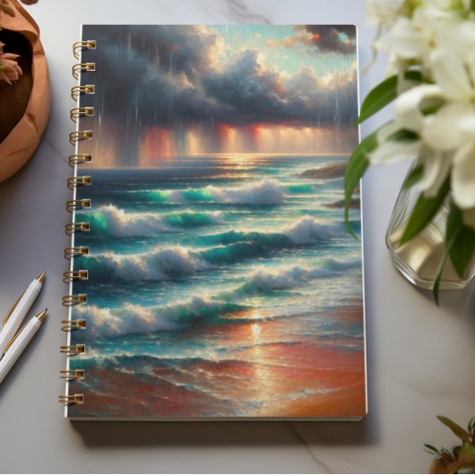 Carnet d'art de vagues océaniques au coucher de so