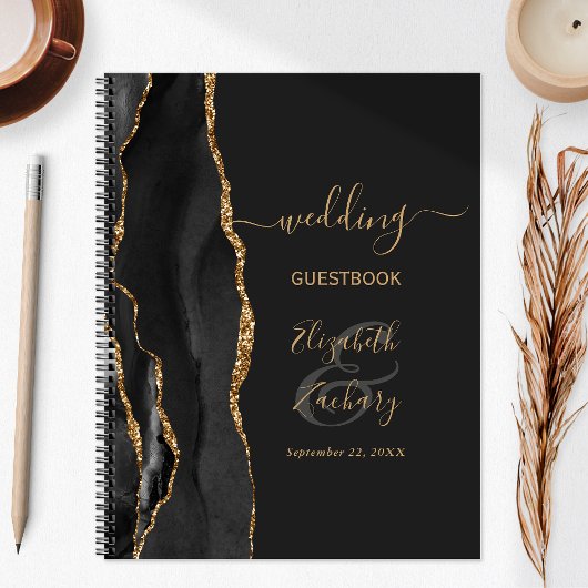 Carnet de mariage élégant noir or foncé Agate Géod