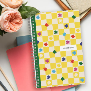 Carnet de notes à motif damier jaune étoiles fleur