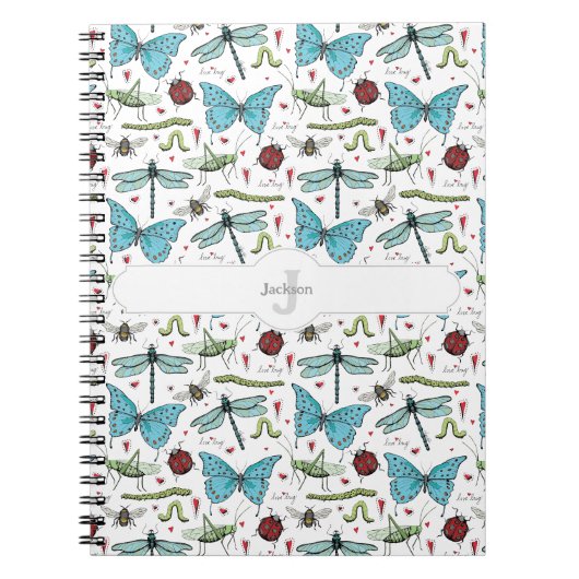 Carnet de notes à motif d'insecte blanc et monogra (Devant)