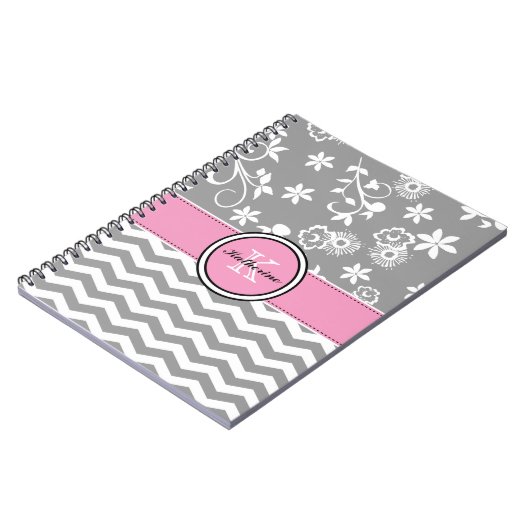 Carnet de notes à spirale rose floral gris de (Côté gauche)