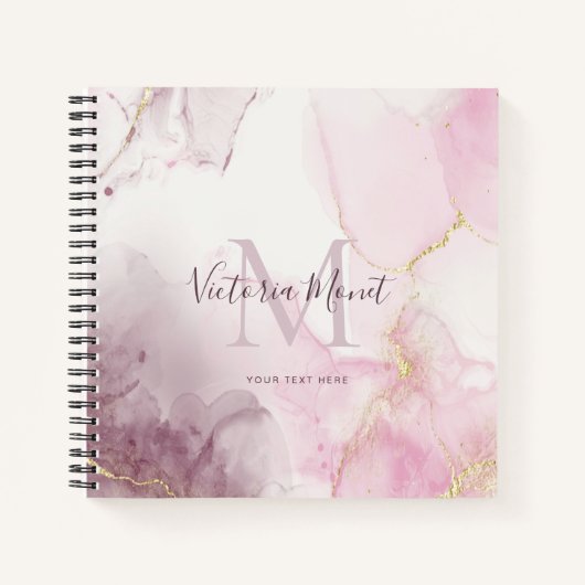 Carnet de notes à veines d'or et marbre mauve rose (Devant)