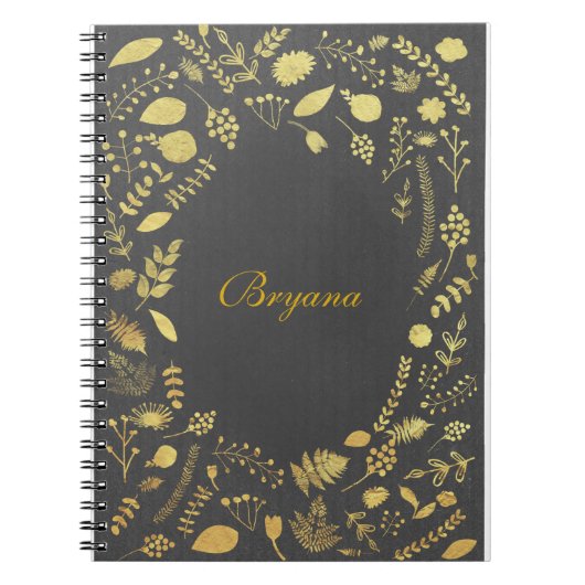 Carnet de notes floral gris charbon et or faux (Devant)