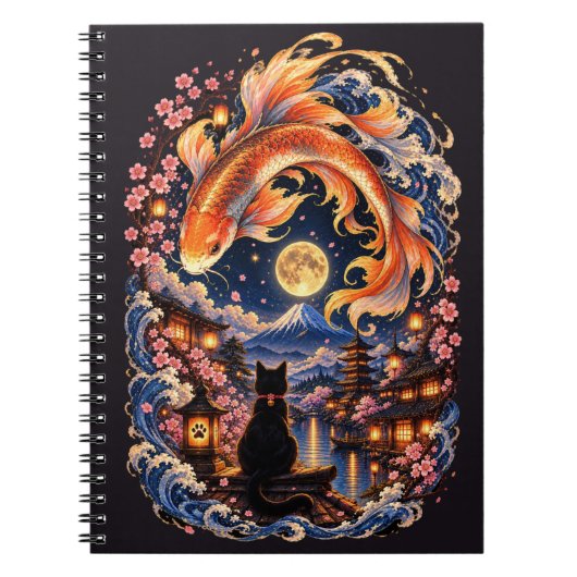 Carnet de notes Lune Chat & Poisson Koi Japonais (Devant)