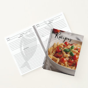Carnet de recettes avec pâtes et tomates