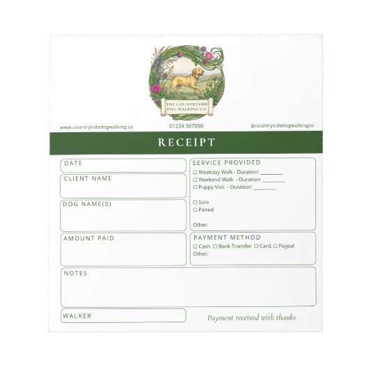 Carnet de reçus pour dresseur de promeneur de chie (Devant)
