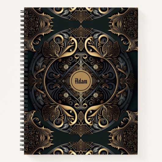 Carnet de spirale médiévale de luxe noir et or (Devant)