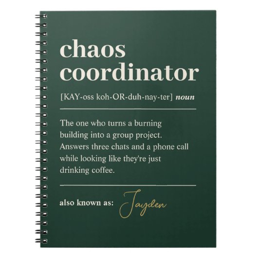 Carnet Définition de coordinateur de chaos drôle vert fon (Devant)