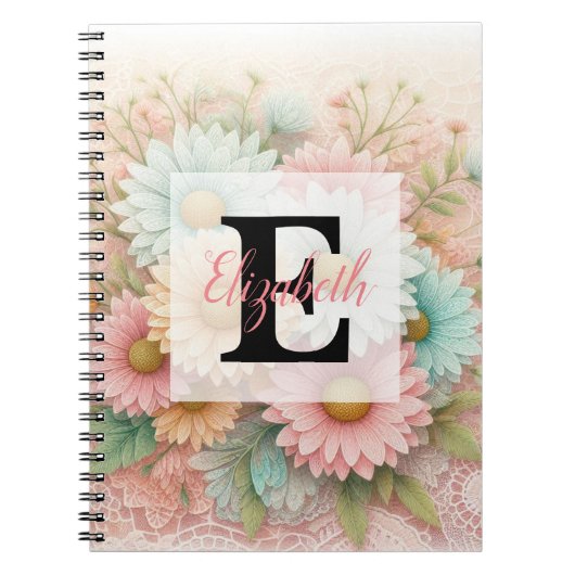 Carnet Dentelle monogramme fleurs roses blanches et bleue (Devant)