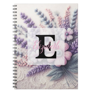 Carnet Dentelle monogramme florale rose lavande violet 
