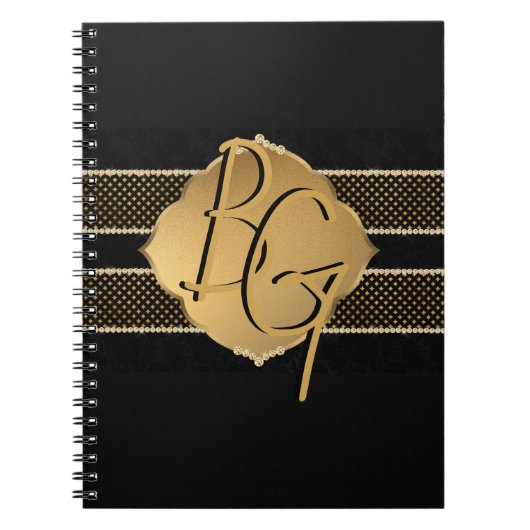 Carnet Design élégant à monogramme noir et or (Devant)