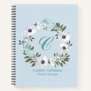 Carnet Design floral noir, blanc et Turquoise monogramme