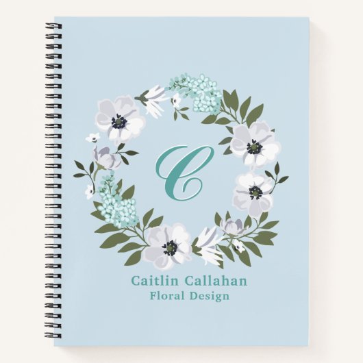 Carnet Design floral noir, blanc et Turquoise monogramme (Devant)