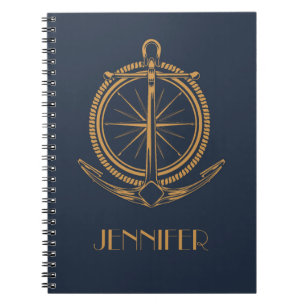 Carnet Design nautique avec boussole et ancre en or