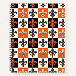 Carnet Design Orange Noir Blanc À damiers Fleur de lis