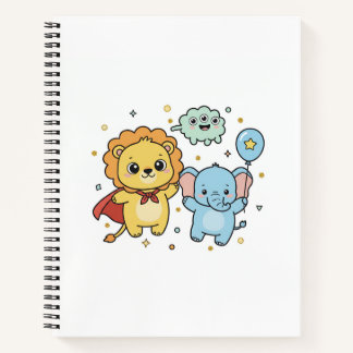 Carnet Dessin animé de lion et d'éléphant amis super-héro