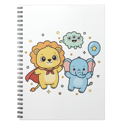 Carnet Dessin animé de lion et d'éléphant amis super-héro (Devant)