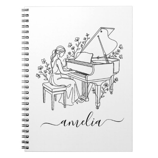 Carnet Dessin au trait personnalisé de joueuse de piano f (Devant)