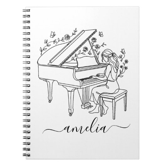 Carnet Dessin au trait personnalisé de joueuse de piano f (Devant)