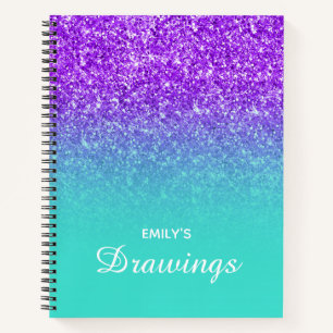 Carnet Dessin dégradé turquoise paillettes violettes