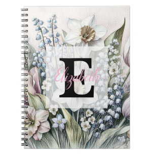 Carnet Dessin floral à monogramme tulipes jonquilles rose