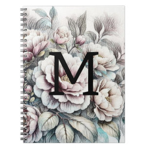 Carnet Dessin floral floral monogramme rose pivoines bleu
