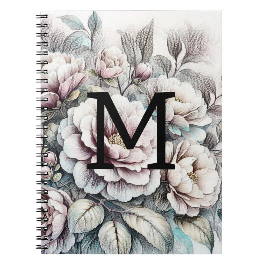 Carnet Dessin floral monogramme bleu rose (Devant)