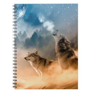 Carnet Deux loups hurlent à la pleine lune dans la forêt