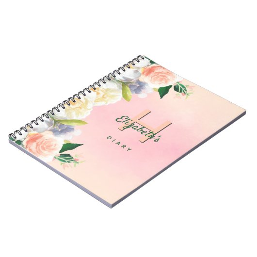 Carnet Diagramme rose pâle fleurs blanc nom monogramme (Côté gauche)