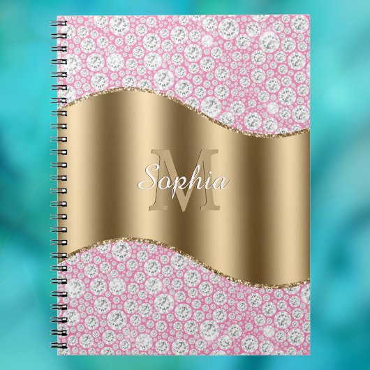 Carnet Diamants de Glam sur rose, Monogramme d'or, Nom du