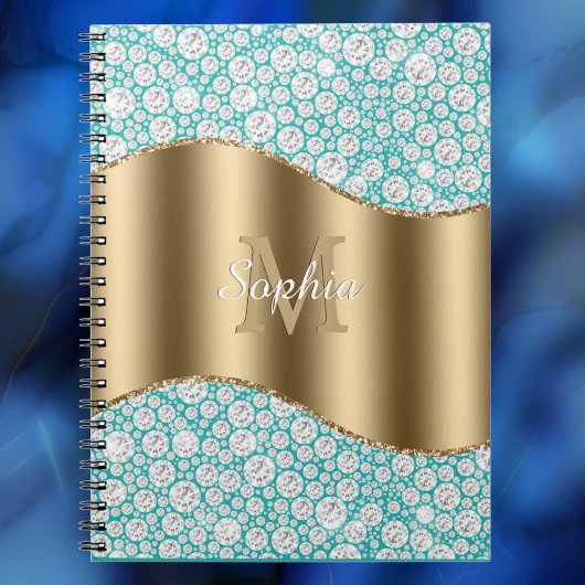Carnet Diamants de Glam sur Turquoise, Monogramme Or, Nom