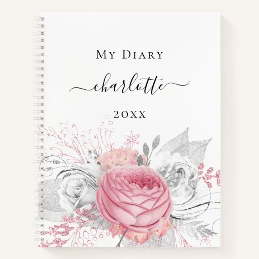 Carnet Diary rose floral argent feuillage blanc nom (Devant)