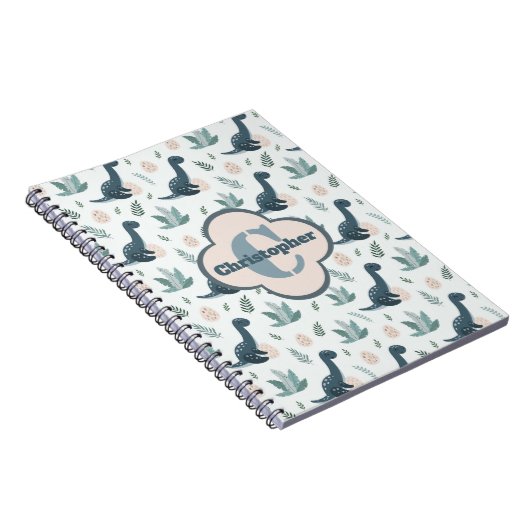 Carnet Dinosaure Vert Bleu mignon avec Monogramme et Nom (Côté Droit)
