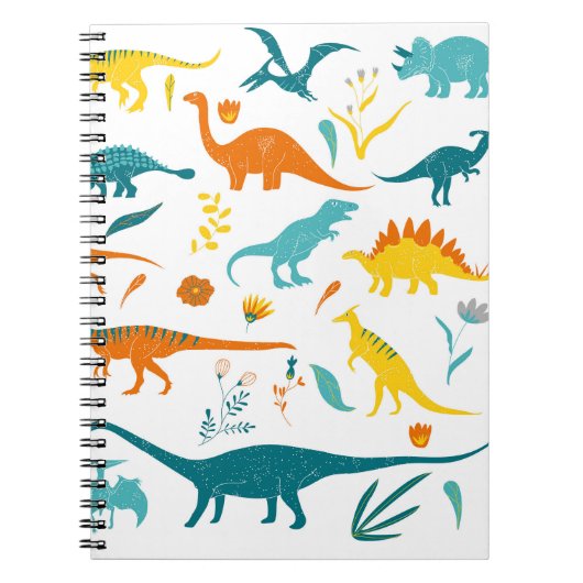 Carnet Dinosaures stylisés, éléments floraux, mignons. (Devant)