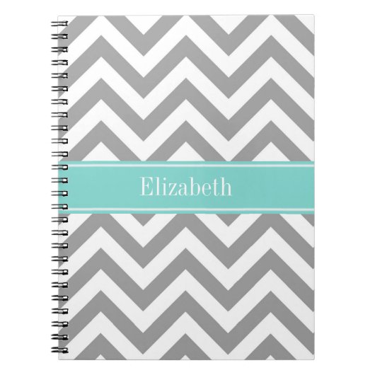 Carnet Dk Gris Blanc LG Chevron Turquoise Monogramme Nom (Devant)