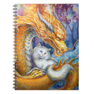 Carnet Dragon Chinois Ardente & Chat Blanc dans la Forêt 
