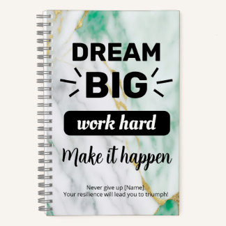 Carnet Dream Big Work Hard Emerald Gold Personnalisable
