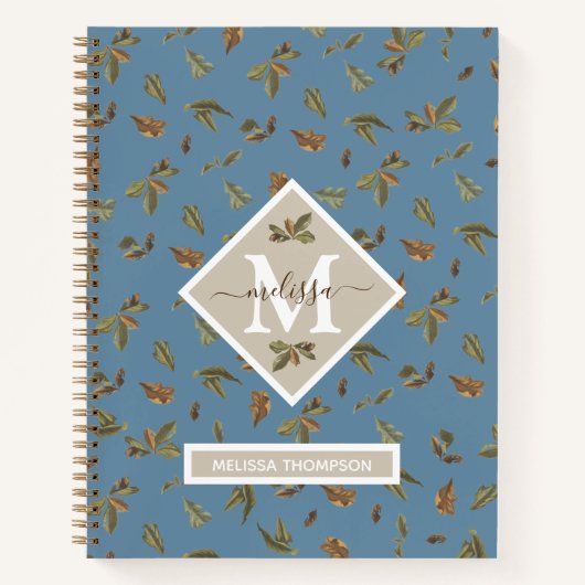 Carnet Dusty Blue Rustic Feuilles Brown Monogramme (Devant)