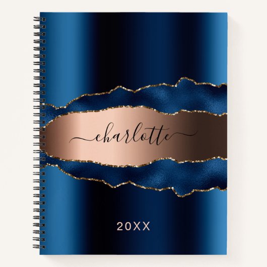 Carnet Écriture de nom de marbre d'agate d'or bleu (Devant)