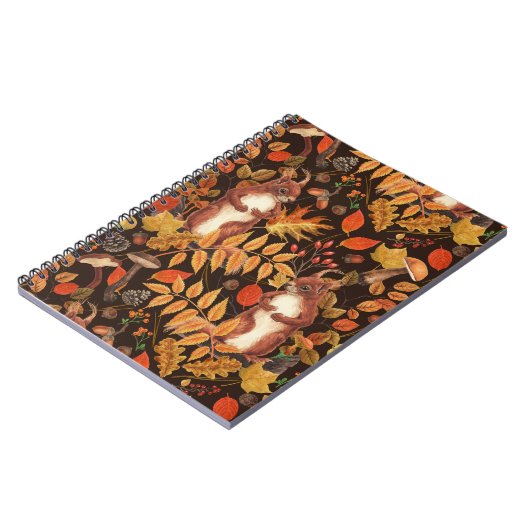 Carnet Écureuils automnaux et flore sur brun foncé (Côté gauche)