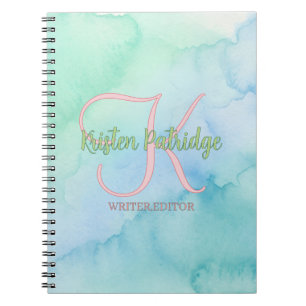 Carnet éditeur de couleur aquarelle bleue verte nom monog