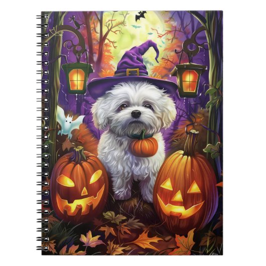 Carnet Éffrayant Bichon Frise Halloween sorcière et Citro (Devant)