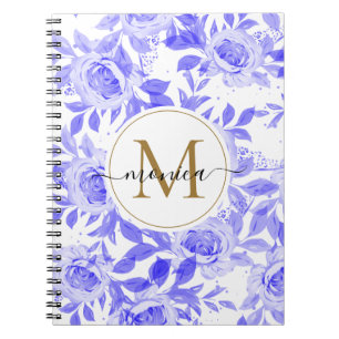 Carnet Elégant aquarelle Floral Monogramme Cobalt Bleu