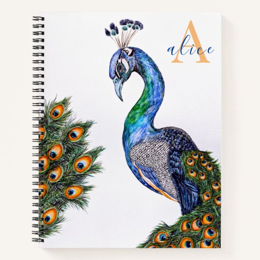 Carnet Elégant aquarelle Peacock Monogramme blanc (Devant)
