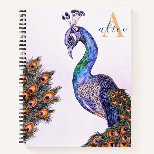 Carnet Elégant aquarelle Peacock Monogramme rose (Devant)