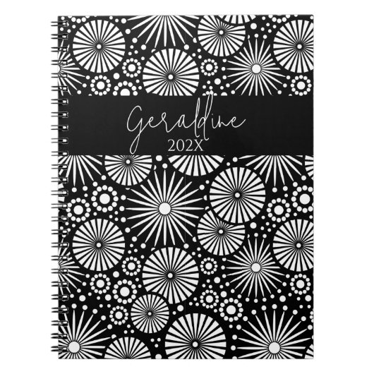 Carnet Elegant Black White Geometric Starburst Name (Devant)