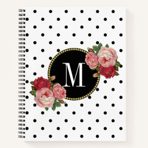 Carnet Elégant Blanc Vintage Fleurs Roses Dots Monogramm