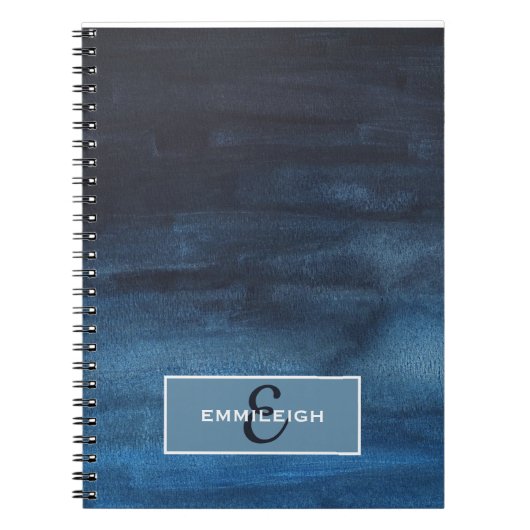 Carnet Elégant bleu marine moderne Aquarelle Nom Monogram (Devant)